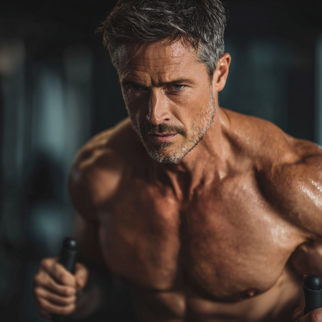 Athletic man performing workout with focus and determination in modern gym environment
